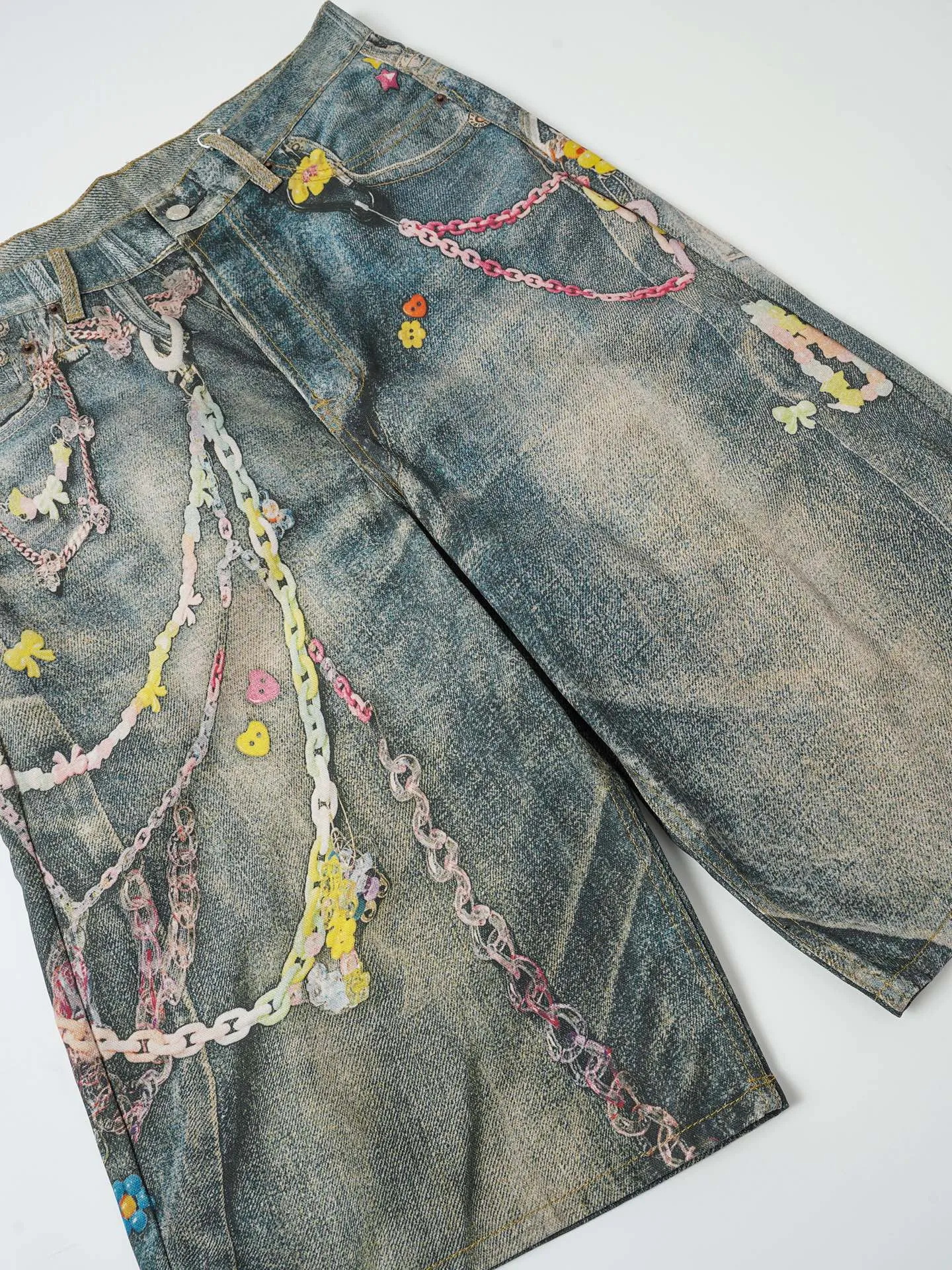 185 Acne Studios 3D printed candy 🍬denim shorts Series Acne Studios 25ss Another ingenious masterpiece, it continues the basis of the previous craftsmanship, the color matching is more macaron 3D digitally printed cropped pants, the tailoring design is original hardware, civilian version development, color matching, loose version, men's and women's Same Style chain shorts, easy Versatile Size: S-XL